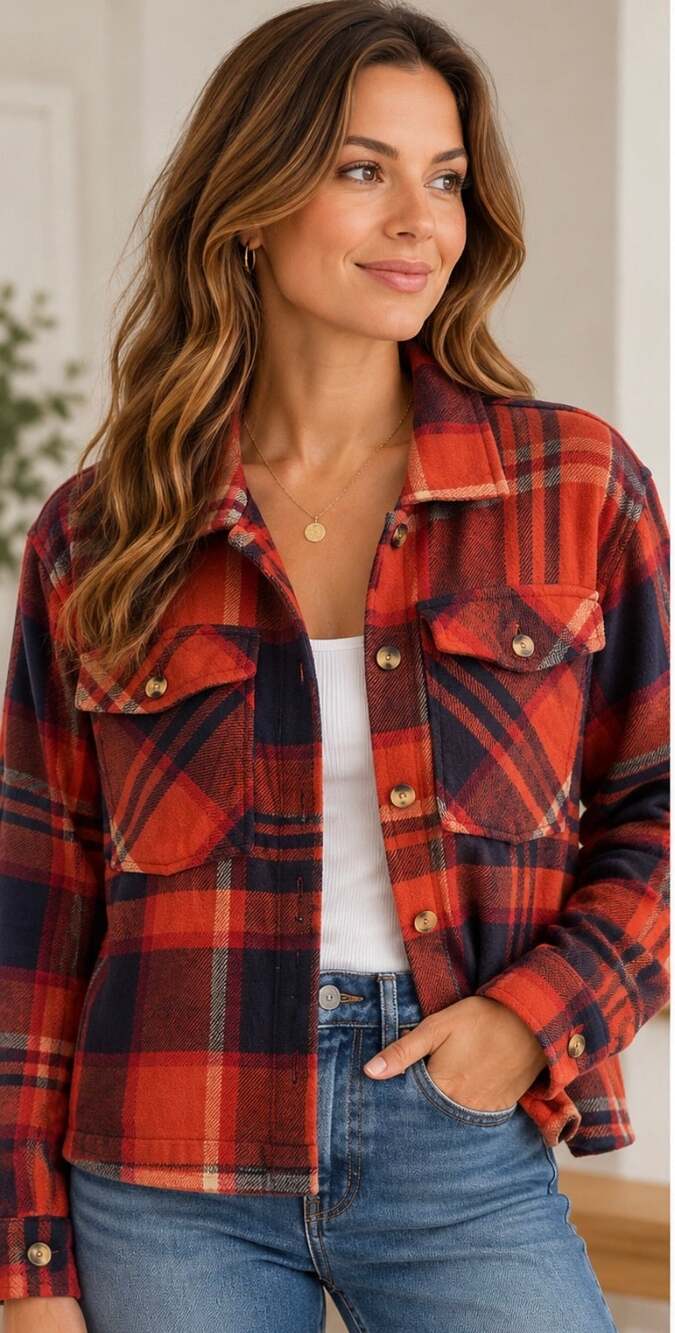 BeachLunchLounge Red Navy Plaid Flannel Shacket Jacket Medium